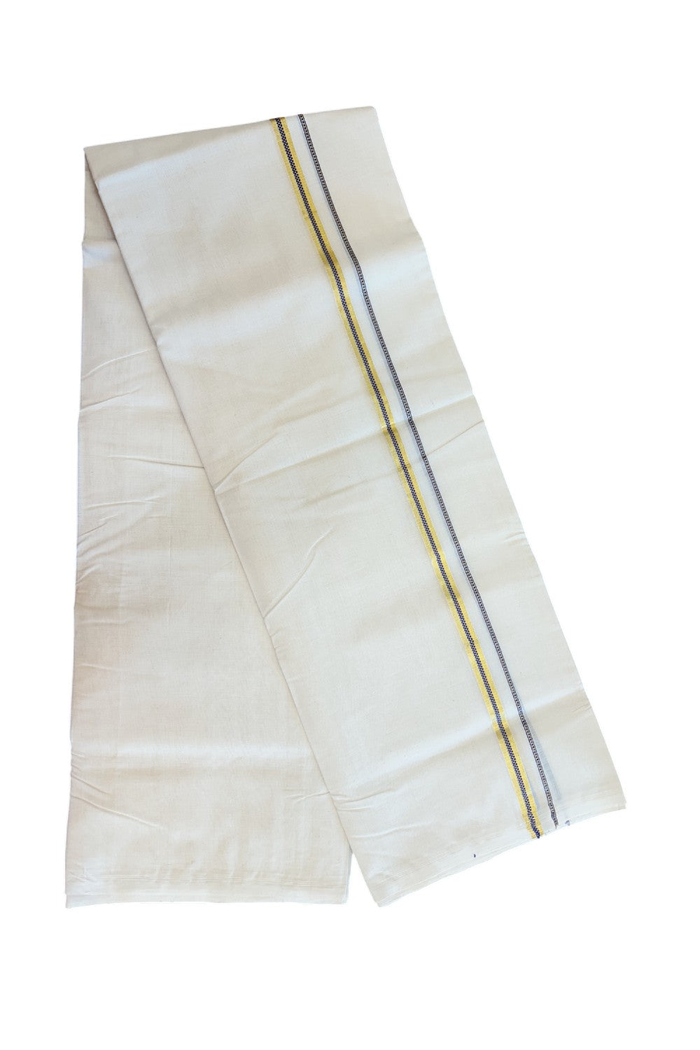 27% DISCOUNT! KaithariKada BALARAMAPURAM HANDLOOM UNAKKUPAAV - 100% PURE Cotton Off white (Unbleached) Double Mundu/Dhoti - 0.5 inch Gold Kasavu & Muthukkuri Navy Blue Kara (8 Muzham) - 5KK5161SOM