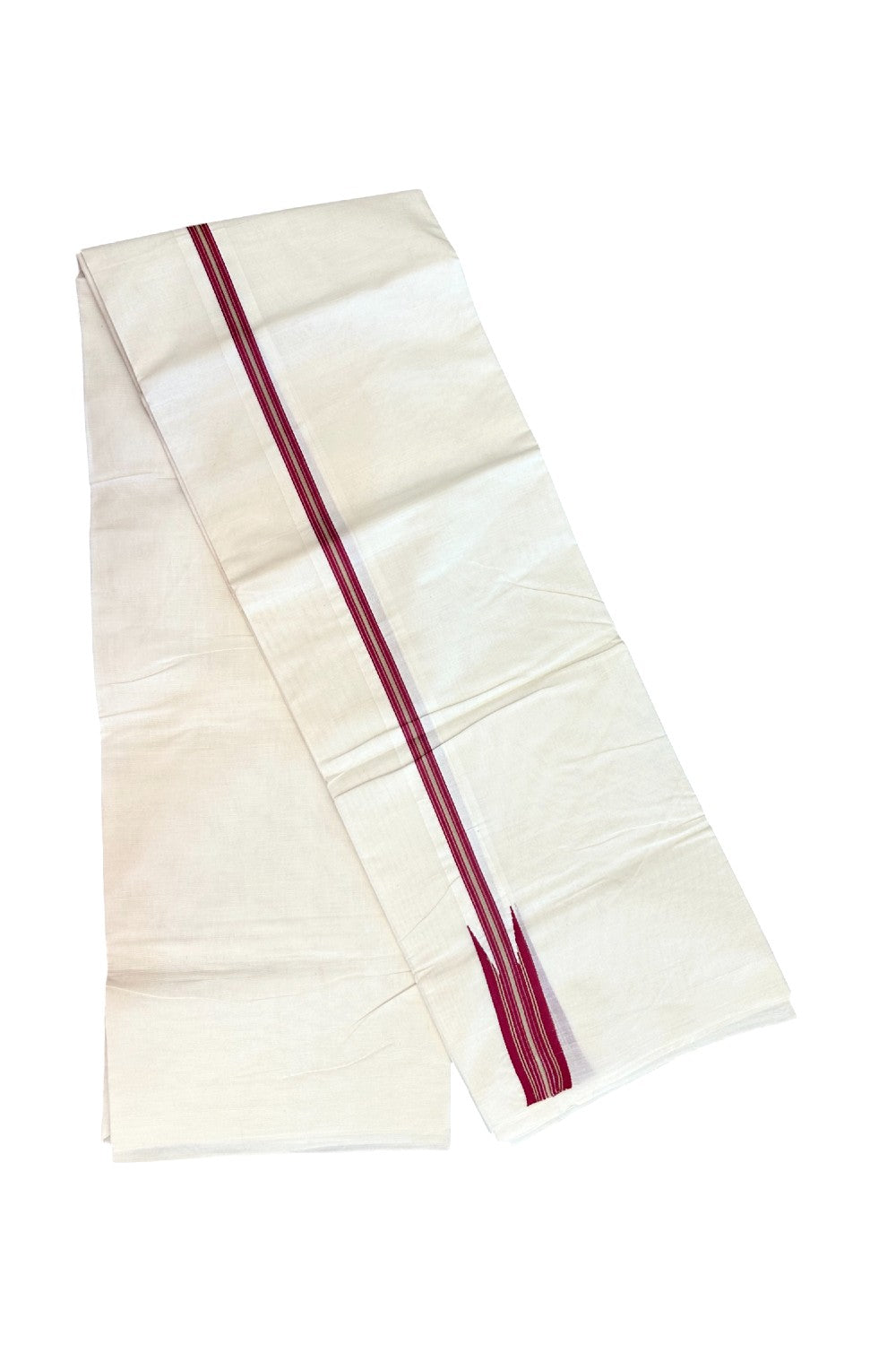 20% DISCOUNT!! KaithariKada Balaramapuram Pure Cotton DOUBLE OFF WHITE - (Unbleached) - Mundu/Dhoti - 100x80 - 1.25 inch Puliyilakkara Dark Red & Sand Brown Chutty - 20KK5171GAN