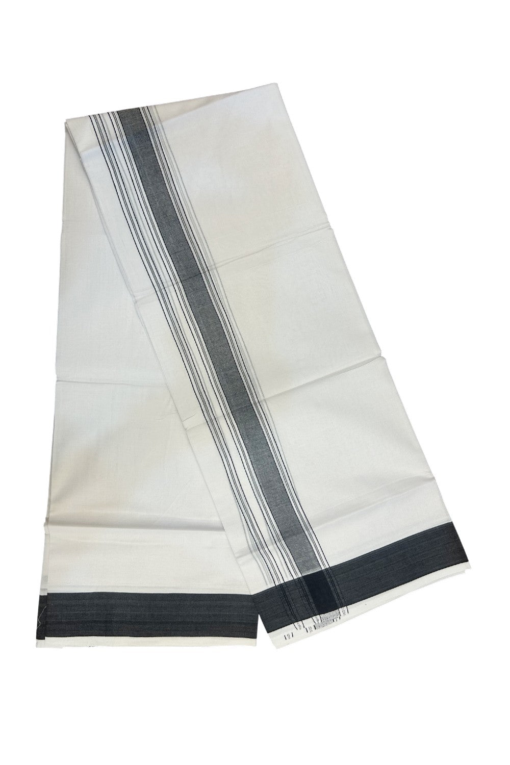 20% DISCOUNT!!! KaithariKada Balaramapuram 100% Cotton DOUBLE PURE WHITE Mundu/Dhoti - 100X80 - 1.75 Inch Black Shaded Stripes kara - 20KK5172PMC