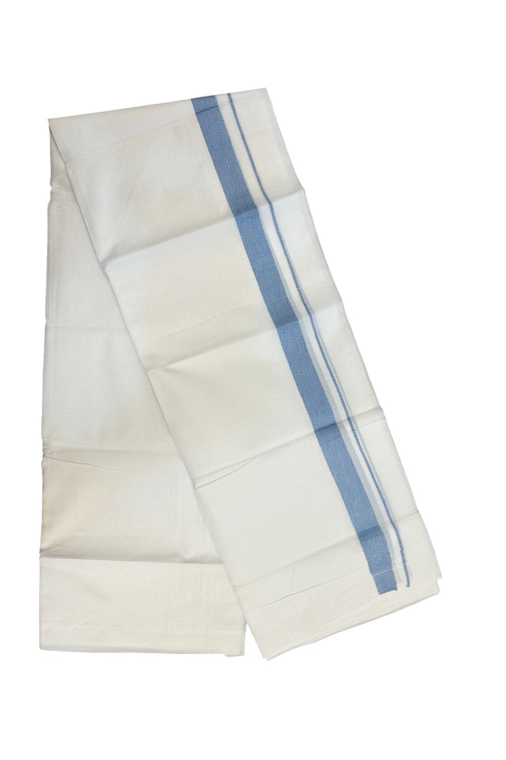 20% DISCOUNT!! KaithariKada Balaramapuram 100% Cotton PURE WHITE DOUBLE Mundu/Dhoti - 100x80 - 1 inch Sky Blue Design Kara - 20KK5174THI