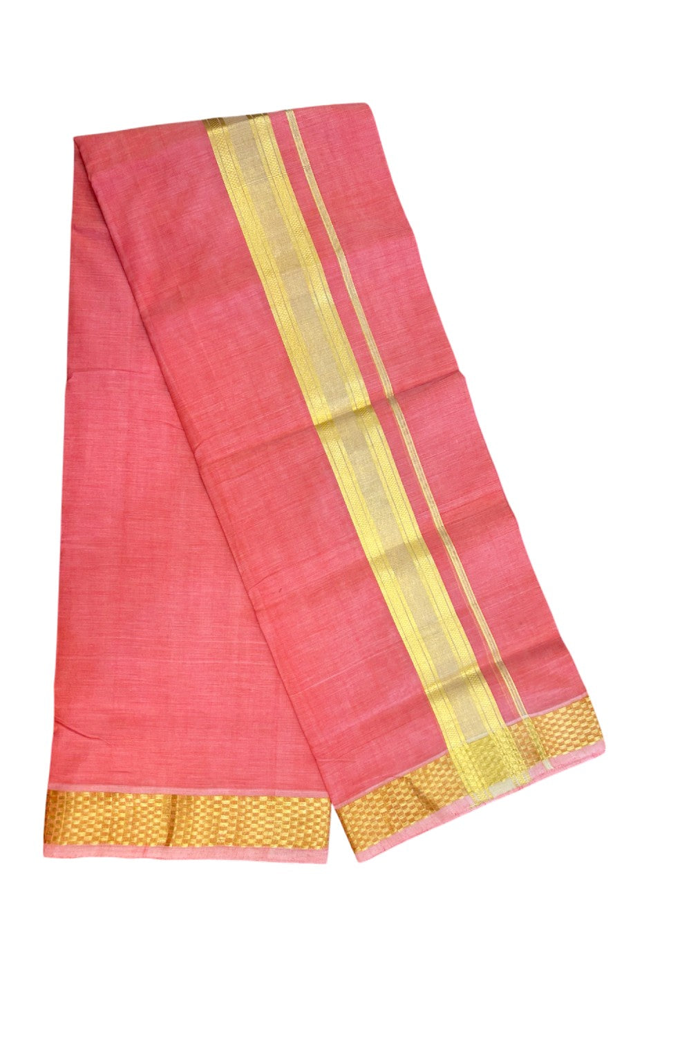 25% Discount! KaithariKada Handloom UNAKKUPAAV Balaramapuram - 100% Cotton Double Mundu/Dhoti - Red Pink Colour Body - 2 inch Gold Kasavu Stripes Design - 20KK5176ABH
