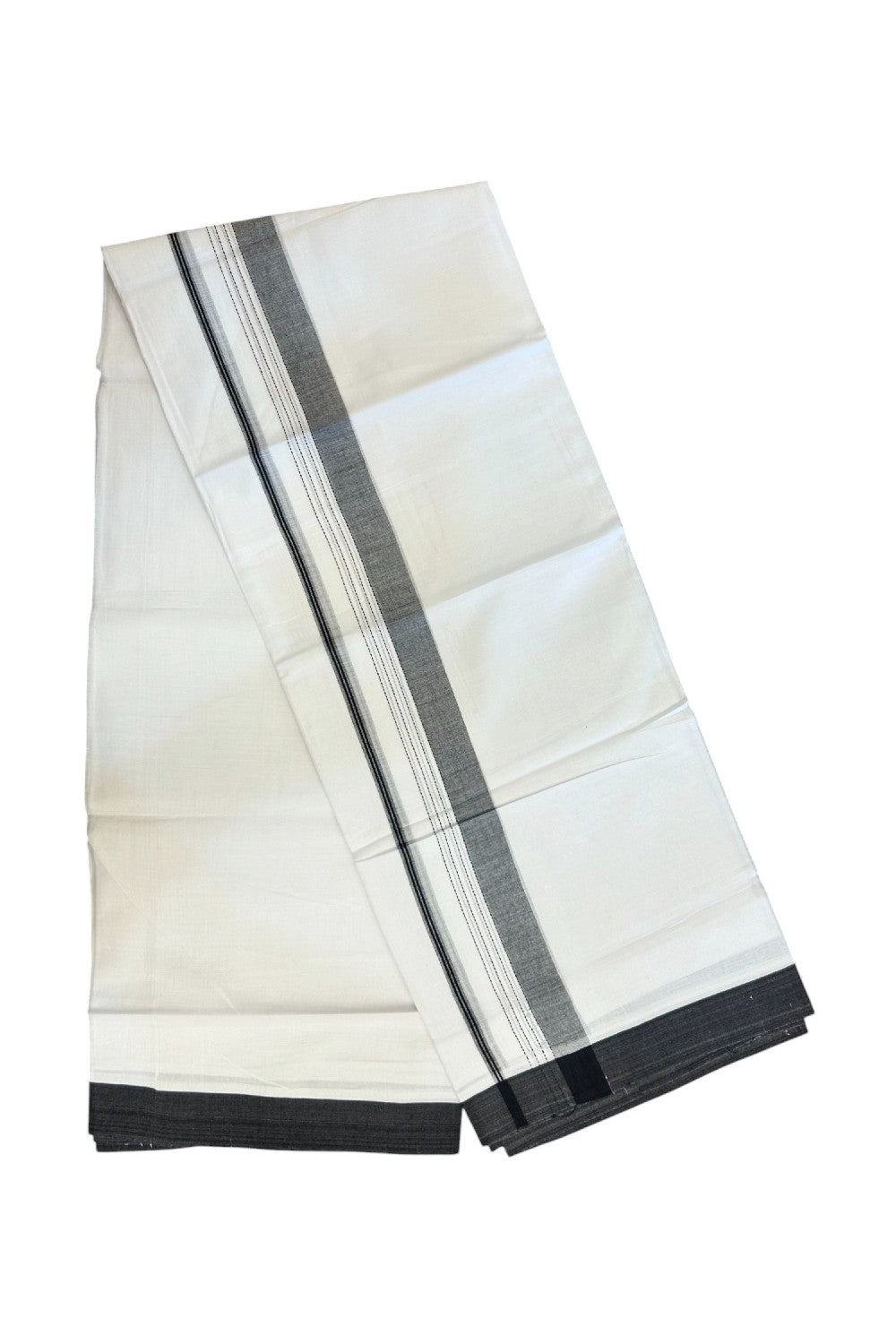 20% Discount ! Kaitharikada Balaramapuram 100% Cotton PURE WHITE Double Mundu/Dothi - 100x80 - 1.5 inch Black Shaded Striped Kara - 20KK5183VIN