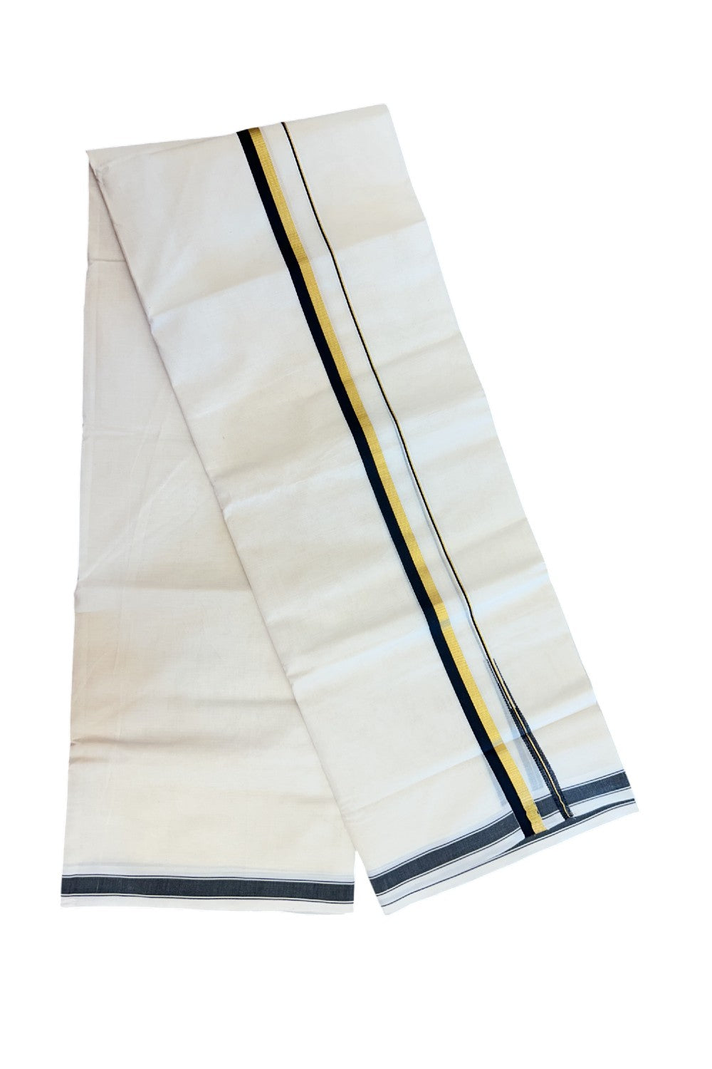 20% DISCOUNT !! KaithariKada Balaramapuram 100% Pure Cotton Double Off white - (Unbleached) Mundu/Dhoti-100x80 - 0.75 inch Puliyilakkara Gold Kasavu & Black Chutty Kara - 20KK5186CKS