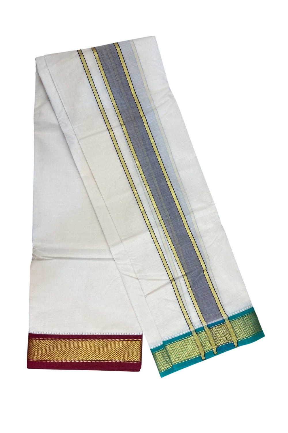 20% DISCOUNT! KaithariKada 100% Cotton Off White - (Unbleached) 100x100 thread - NORTH INDIAN- ATTACHED GAMCHA 9X5 Dhoti 2 inch Dark Brown kara with Maroon & Jade Green Kasavu border - 20KK5196PMC
