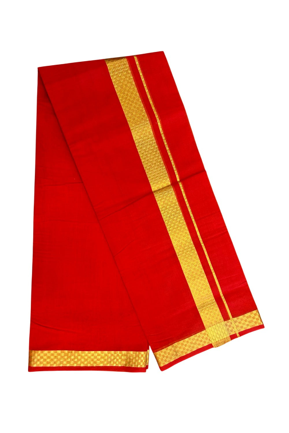 25% Discount! KaithariKada Handloom UNAKKUPAAV Balaramapuram - 100% Cotton Double Mundu/Dhoti - Chilli Red Colour Body - 1.5 inch Gold Kasavu Jacquard Design Kara - 20KK5208ABH