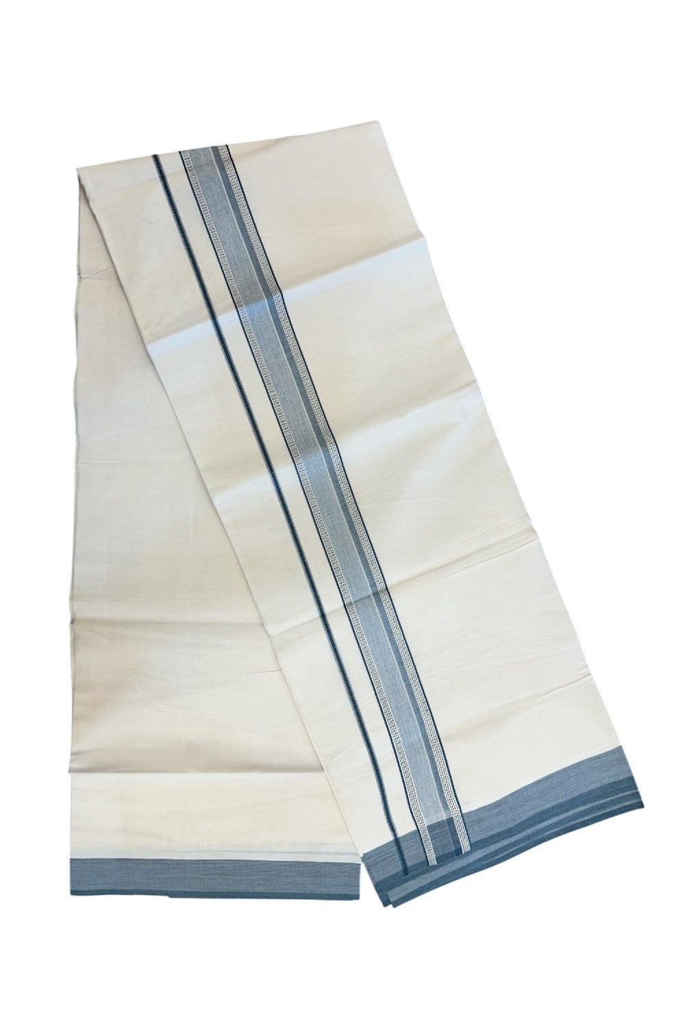 20% DISCOUNT ! KaithariKada Balaramapuram 100%  Cotton OFF WHITE (Unbleached) Double  Mundu/Dhoti - 100X80 - 1.5 inch Pine Green & Black Shaded Designer Kara - 20KK5213 VIN