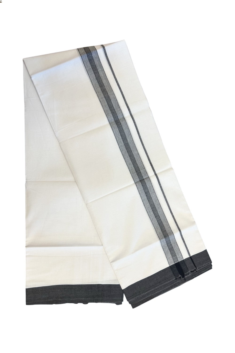 20% DISCOUNT! KaithariKada Balaramapuram 100% Cotton Double Pure white Mundu/Dhoti- 100x80 - 1.5 inch Black Shaded Striped Kara - 3.78mtr ( 8 muzham) - 20KK5227 PMC