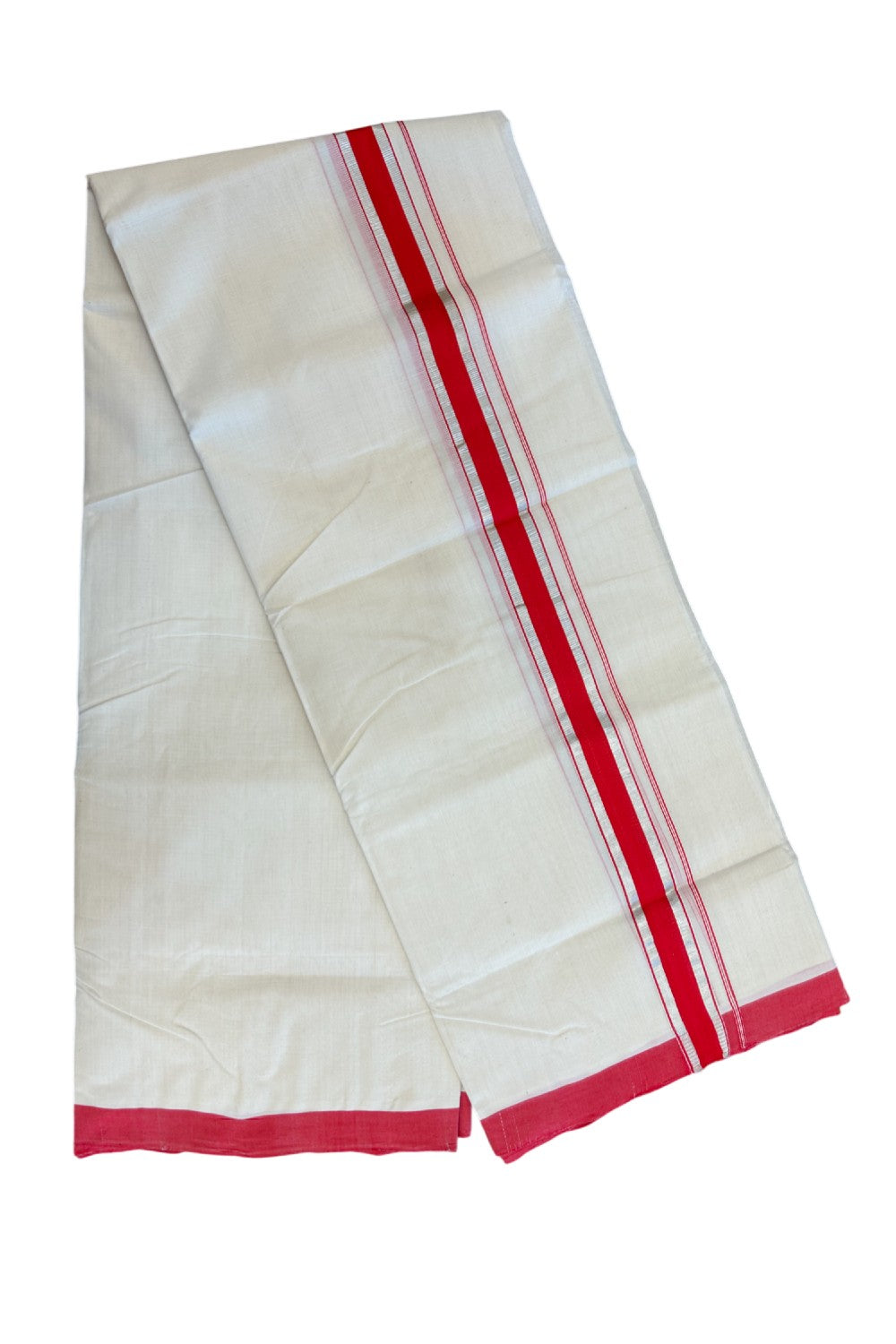 25% Discount! KaithariKada HANDLOOM MILLPAAV Balaramapuram - 100% PURE Cotton OFF WHITE (Unbleached) Double Mundu/Dhoti - 80x90 - 1.25 inch Silver kasavu Bright Red striped kara 4 Mtr (8.5 Muzham) - 20KK5235 YAR