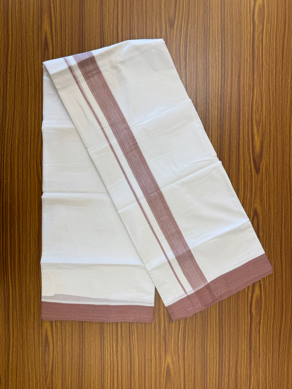 Short Dhoti Special - 28% Discount ! KaithariKada 100% Cotton Pure White Double Mundu / Dhoti - 100x80 - 45 inch Height 3.80 m Length  1.5 inch Peach Brown kara - 20 KK5258 THI