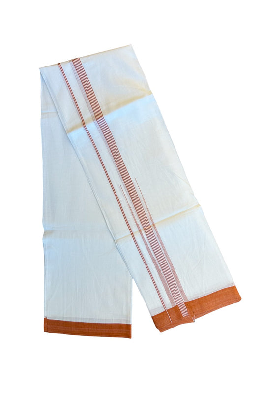 22% DISCOUNT!! Kaitharikada Balaramapuram 100% Cotton PURE WHITE Double Mundu/Dothi-100x100  2.25 Inch ORANGE STRIPED Cotton Kara 3.80 mtr (8 Muzham) - 20KK74RAM