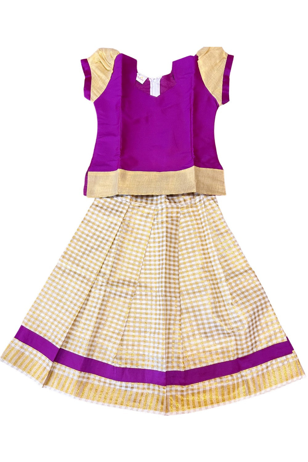 Midukki-Traditional South Indian Kids Pattu Pavada- Magenta top offwhite check skirt - Age 5 - KK5MID0020