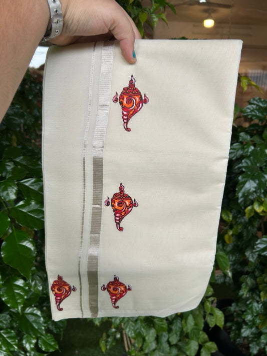 KaithariKada Balaramapuram 100% Cotton Double Off white - (Unbleached) Mundu/Dhoti-100x80 - 0.5 inch Hand Painted Silver Kasav Orange & Red Mural Design Kara 3.80 mtr (8 muzham) - 15 KK5244 ASH