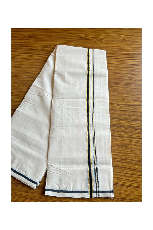 16% DISCOUNT!! KaithariKada HANDLOOM Millpaav Balaramapuram - 100% PURE Cotton OFF White - (Unbleached) Double Mundu/Dothi - 1.5 cm Puliyilakkara side striped Gold kasavu Black chutty 3.75 mtr (8 Muzham) - 20KK462RAM
