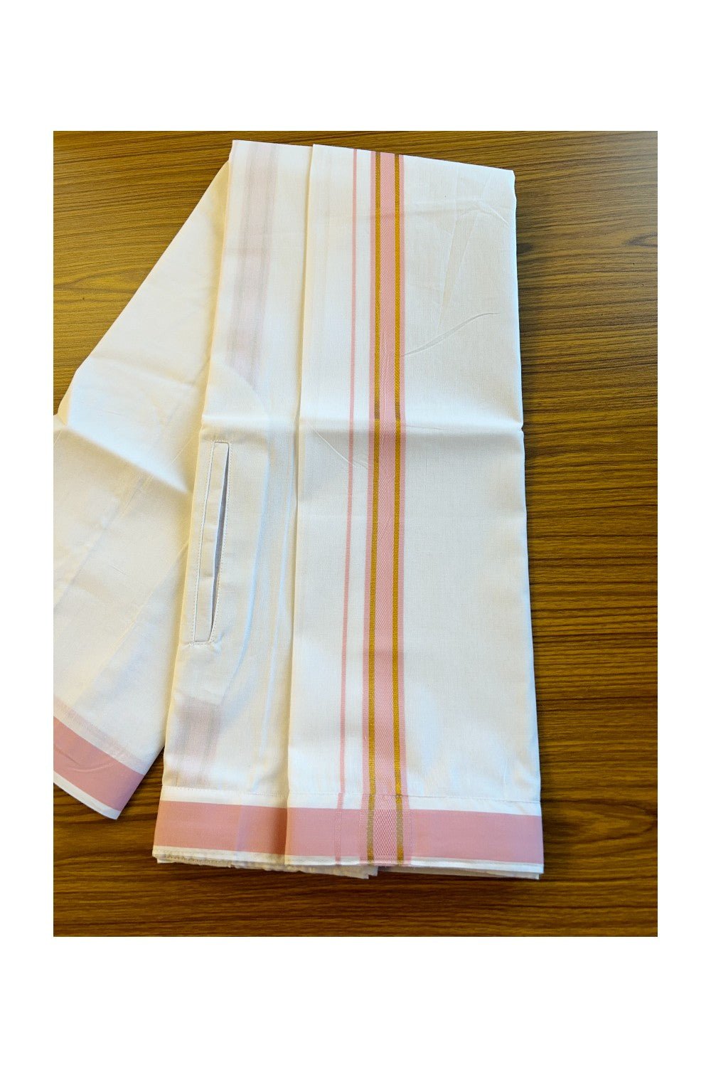 KaithariKada Balaramapuram  COTTON SINGLE PURE WHITE VELCRO Mundu/Dhoti - 1.75inch  Pink & Kasavu kara (2 metre / 4 muzham)- 20KK485SRI
