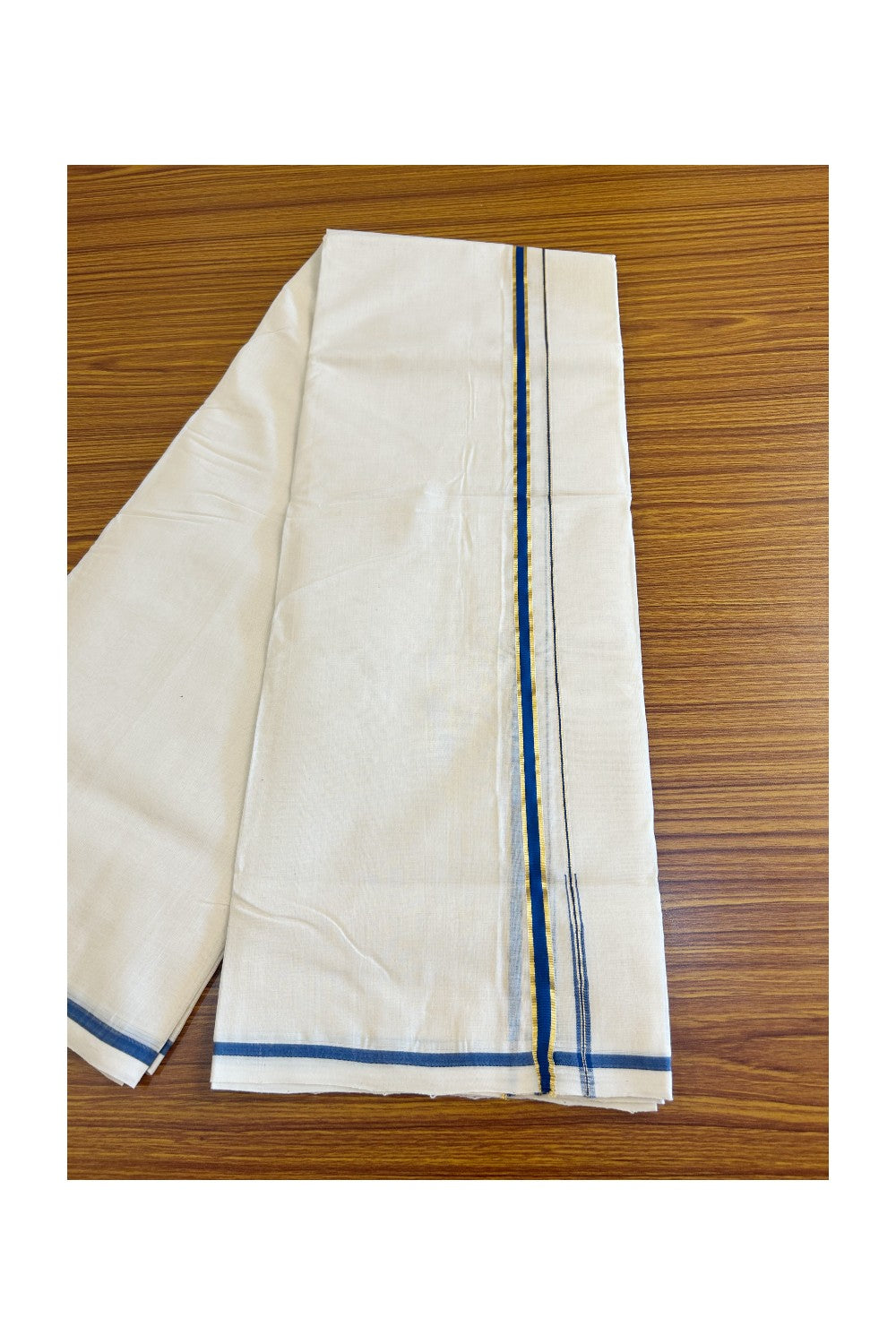 16% DISCOUNT!! KaithariKada HANDLOOM Millpaav Balaramapuram - 100% PURE Cotton OFF White - (Unbleached) Double Mundu/Dothi - 1.5cm Puliyilakkara side striped Gold kasavu  Blue chutty 3.80 mtr (8 Muzham) - 20KK498KK