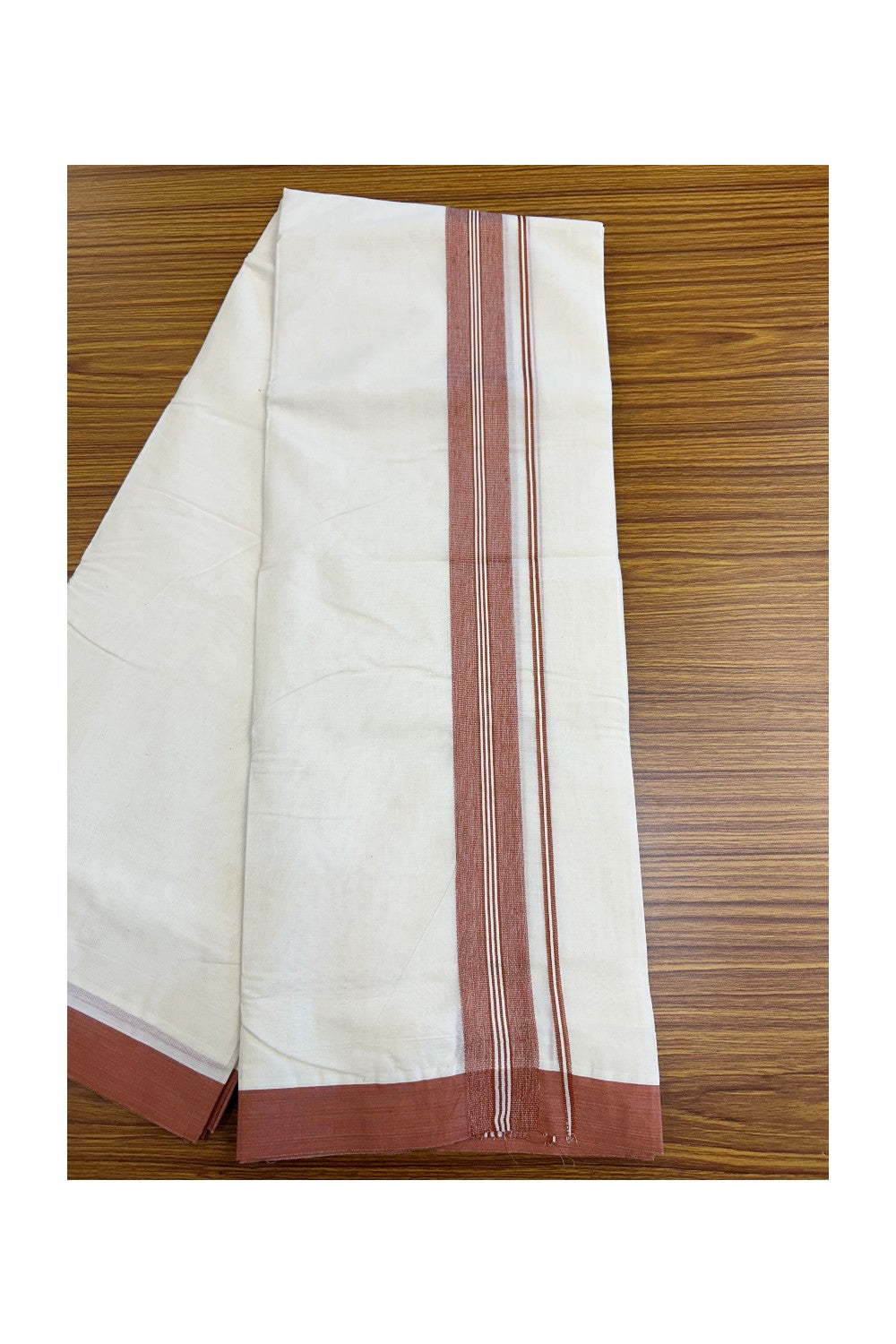 21% Discount  New!! KaithariKada Balaramapuram 100% Cotton Double Off white - (Unbleached) - Mundu/Dhoti - 100x100 - 2.25 inch Orange Brown Strips kara - 45