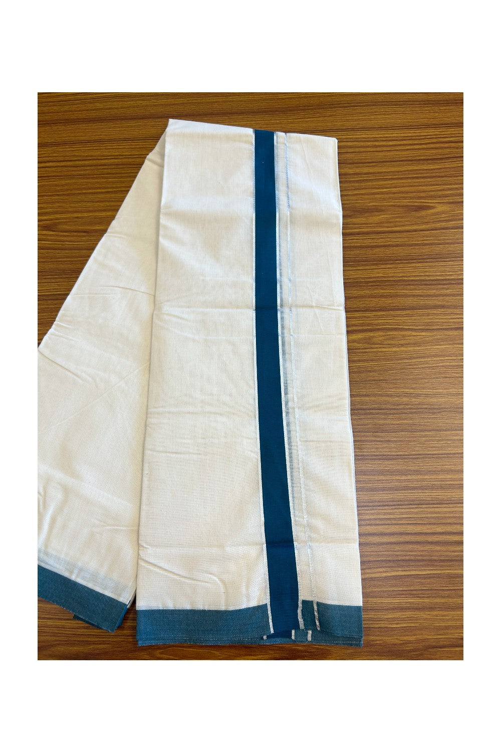 20% Discount KaithariKada Balaramapuram 100% Cotton Double Off white - (Unbleached) - Mundu/Dhoti - 100x80 -  1.75 inch Silver Kasavu & Peacock Green Kara 3.75 mtr (8 Muzham)- 116