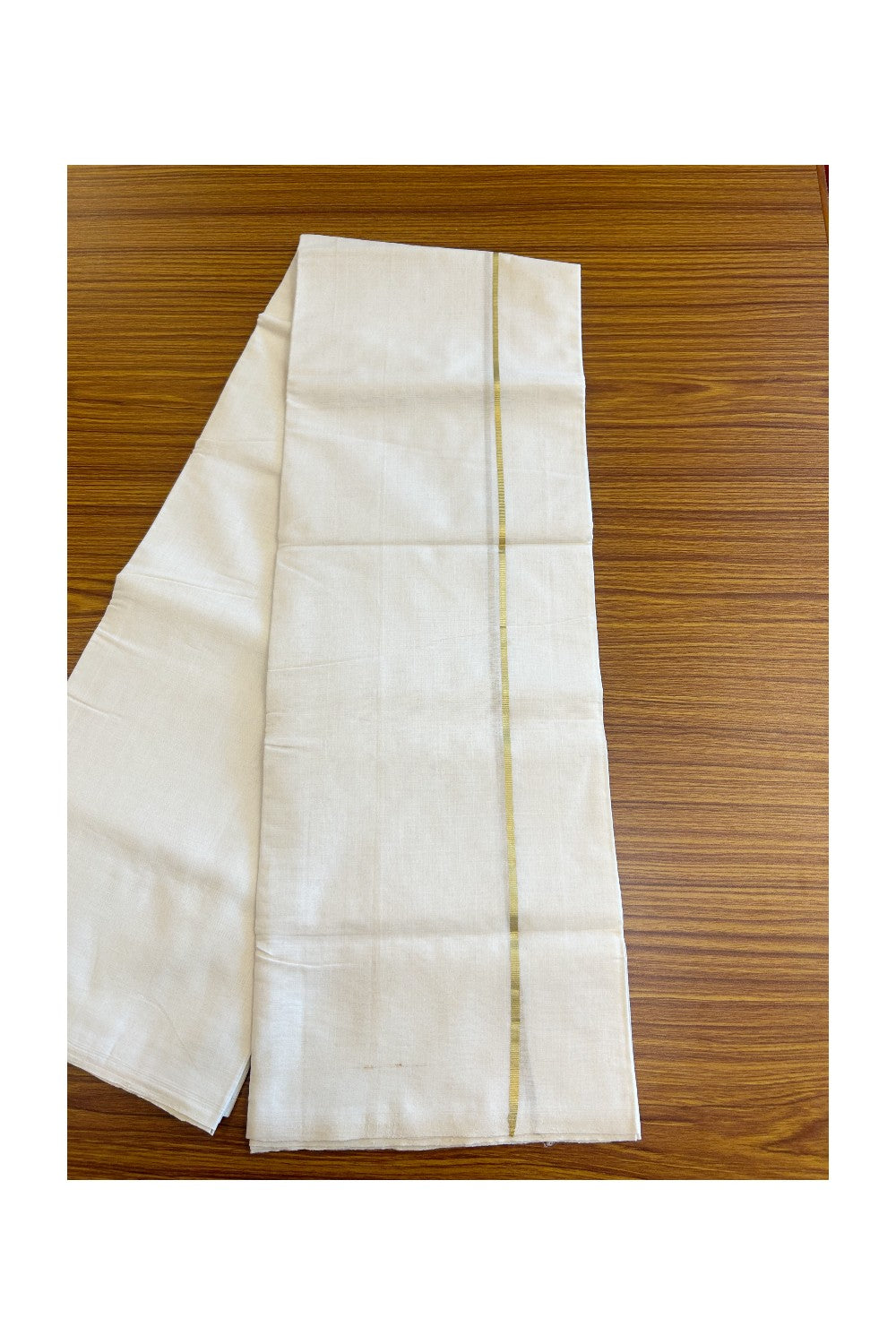 30% DISCOUNT!! KaithariKada HANDLOOM Unakkupaavu Balaramapuram - 100% PURE Cotton OFF White - (Unbleached) Double Mundu/Dothi - GOLD  KASAVU 1.cm Kara- KK46SOM-33.