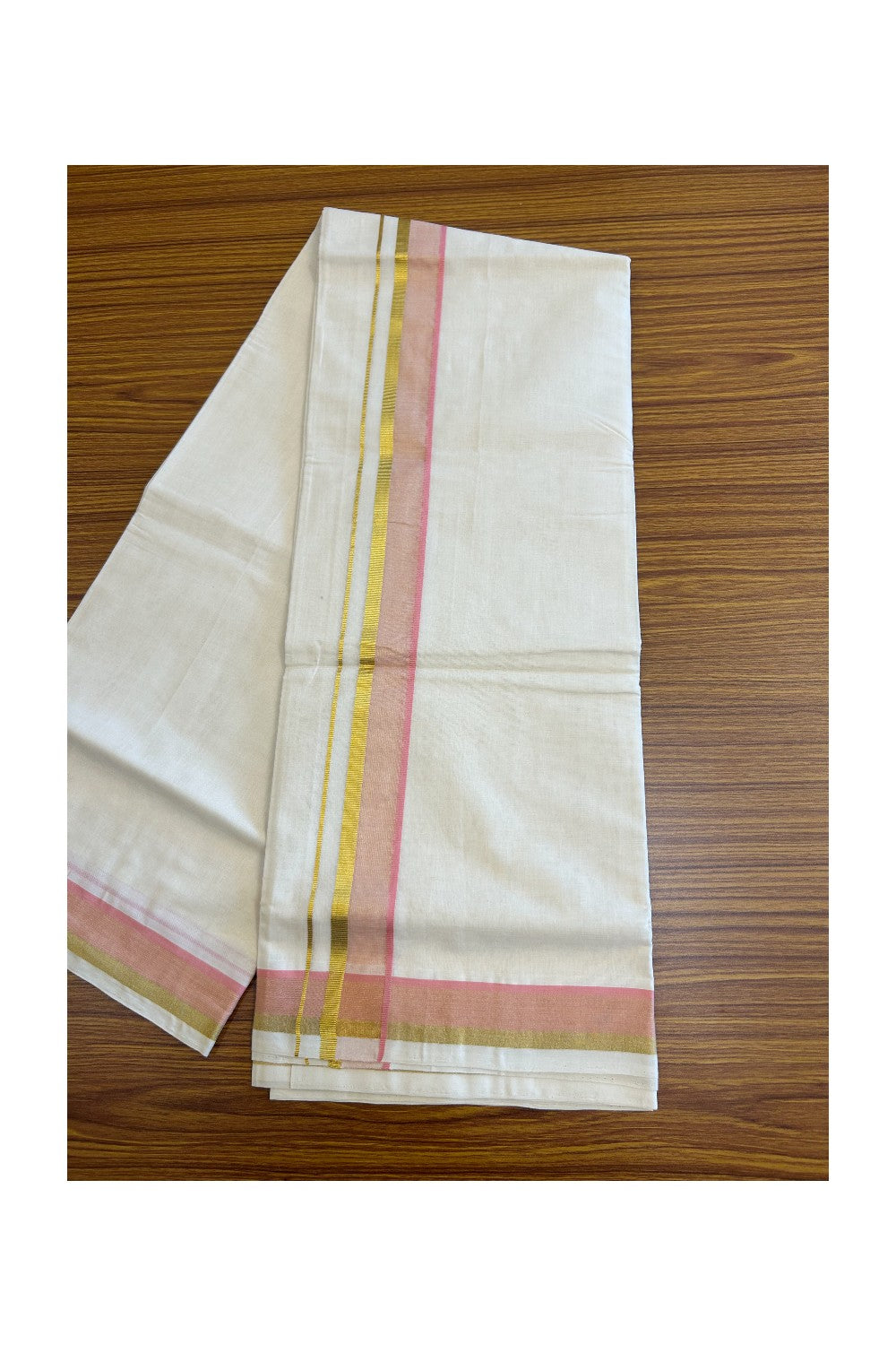 25% Discount!!! KaithariKada 100% Cotton HANDLOOM Off white (Unbleached) Double Dhoti/Mundu - 2 inch Pink& Kasavu Border - KK2DOT164