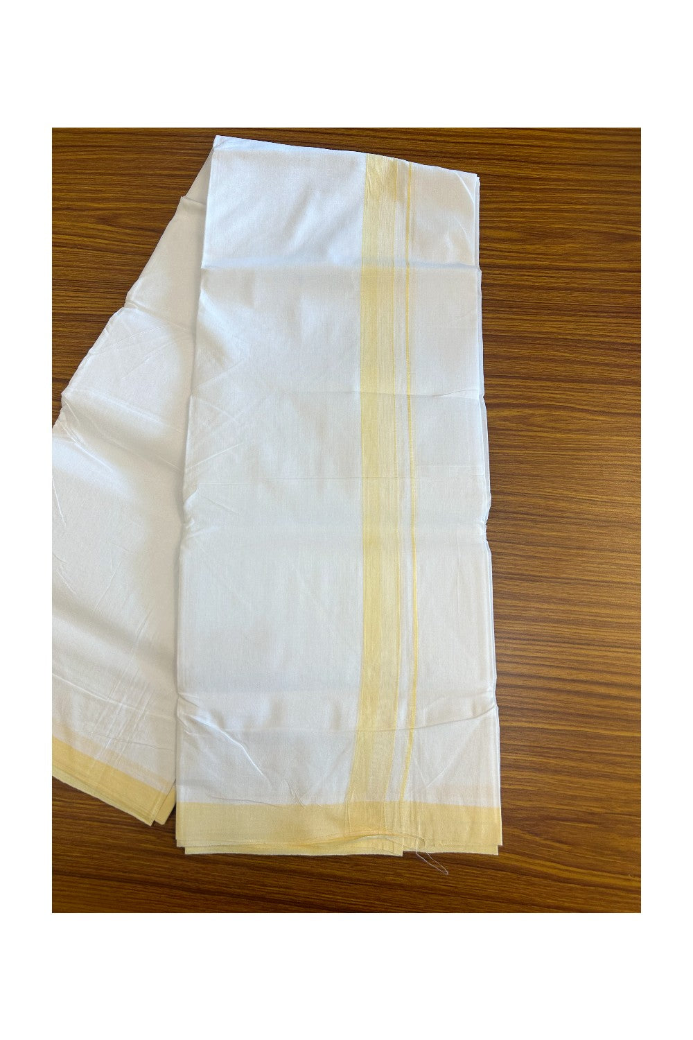 30% Discount!!! KaithariKada HANDLOOM UNAKKUPAAV Balaramapuram - 100% PURE Cotton PURE WHITE Double Mundu/Dhoti - 1.25 inch Light Yellow Shaded & Striped Kara - 20KK5129YAR