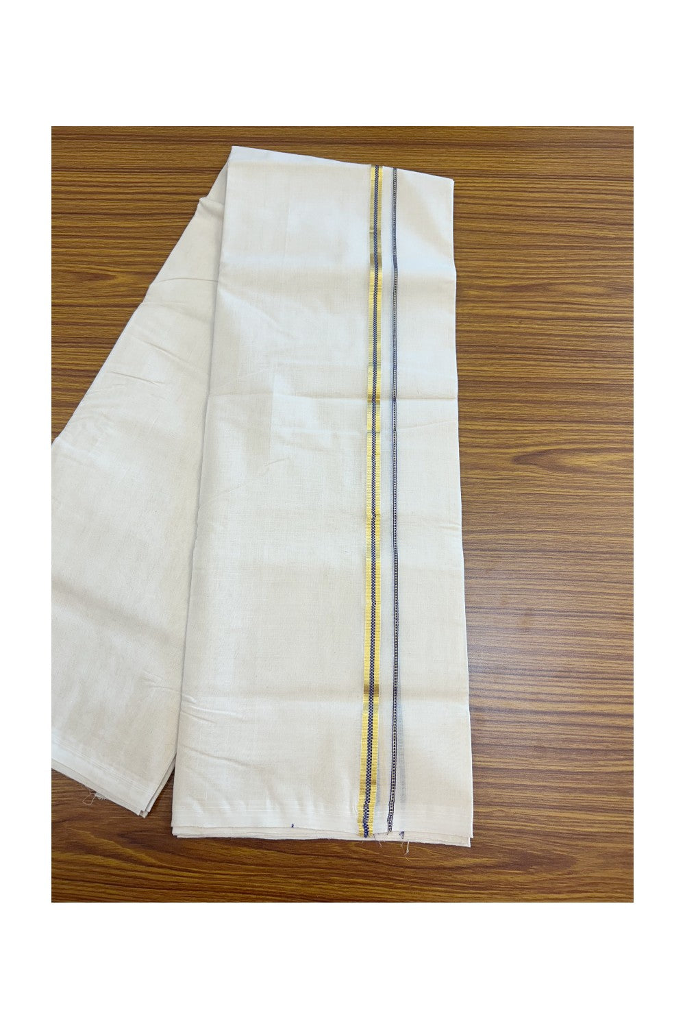 27% DISCOUNT! KaithariKada BALARAMAPURAM HANDLOOM UNAKKUPAAV - 100% PURE Cotton Off white (Unbleached) Double Mundu/Dhoti - 0.5 inch Gold Kasavu & Muthukkuri Navy Blue Kara (8 Muzham) - 5KK5161SOM