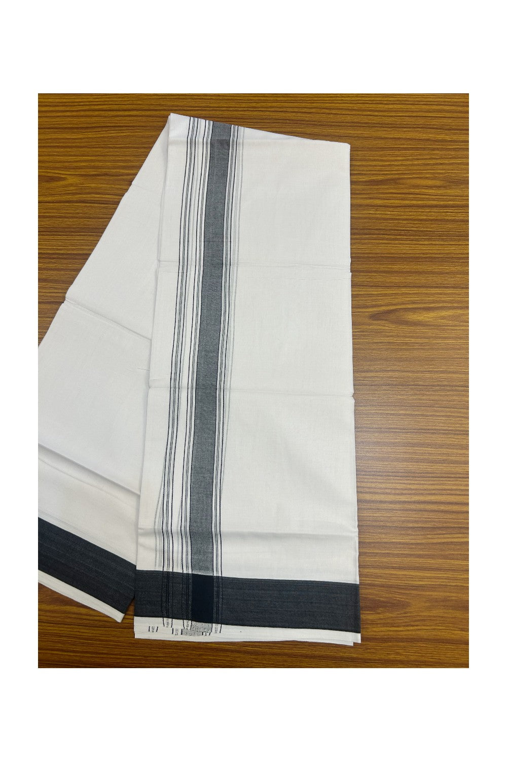 20% DISCOUNT!!! KaithariKada Balaramapuram 100% Cotton DOUBLE PURE WHITE Mundu/Dhoti - 100X80 - 1.75 Inch Black Shaded Stripes kara - 20KK5172PMC
