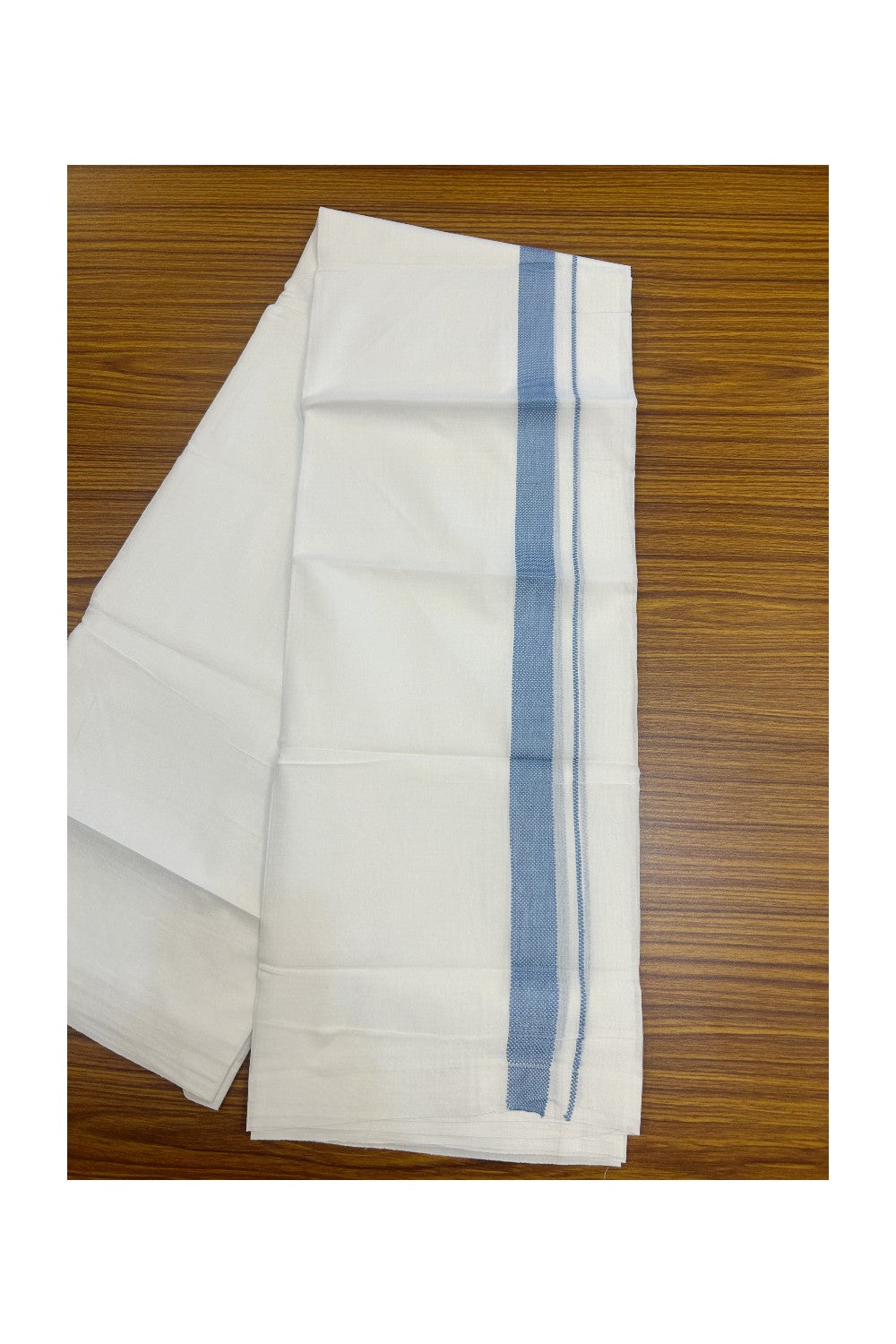 20% DISCOUNT!! KaithariKada Balaramapuram 100% Cotton PURE WHITE DOUBLE Mundu/Dhoti - 100x80 - 1 inch Sky Blue Design Kara - 20KK5174THI