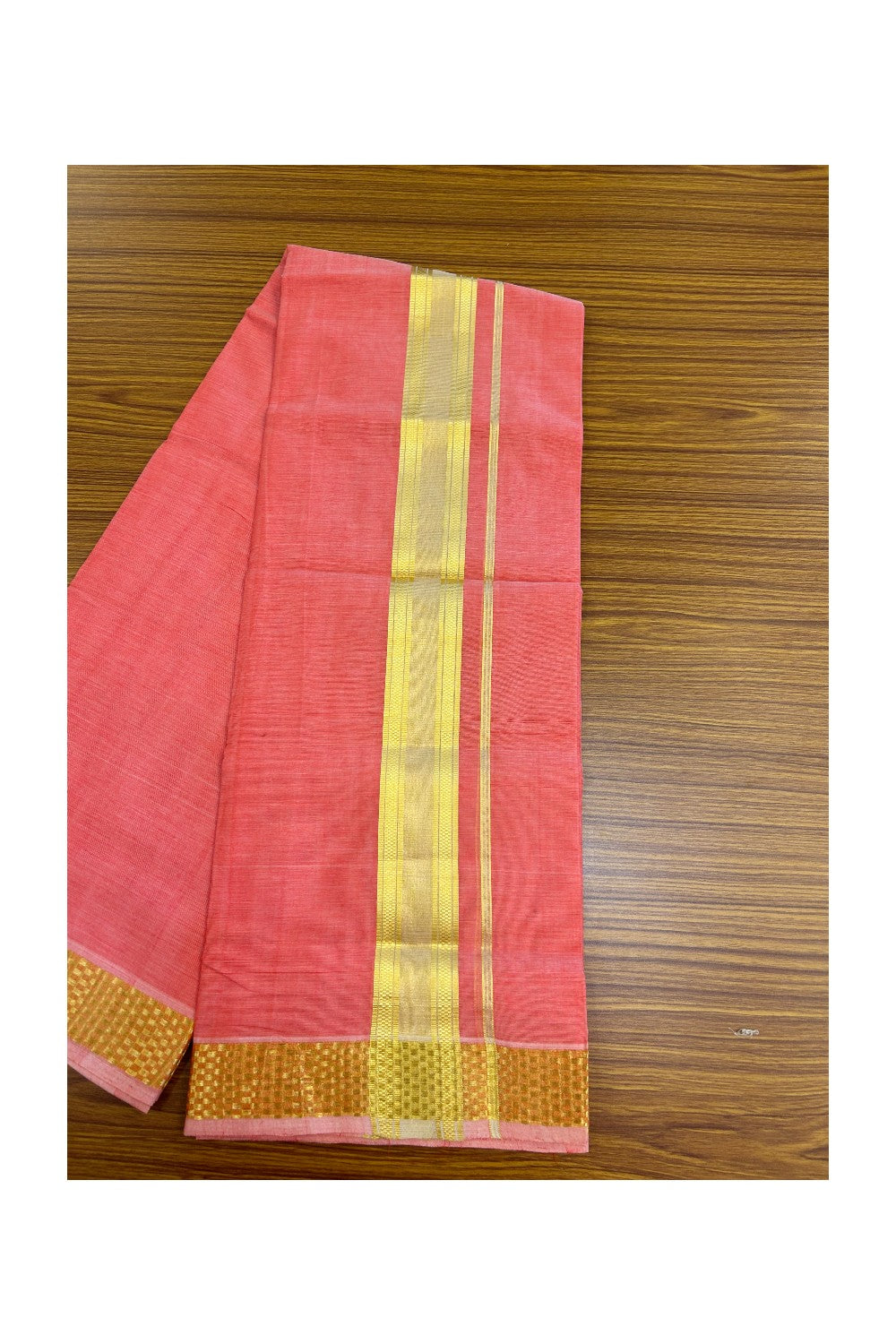25% Discount! KaithariKada Handloom UNAKKUPAAV Balaramapuram - 100% Cotton Double Mundu/Dhoti - Red Pink Colour Body - 2 inch Gold Kasavu Stripes Design - 20KK5176ABH