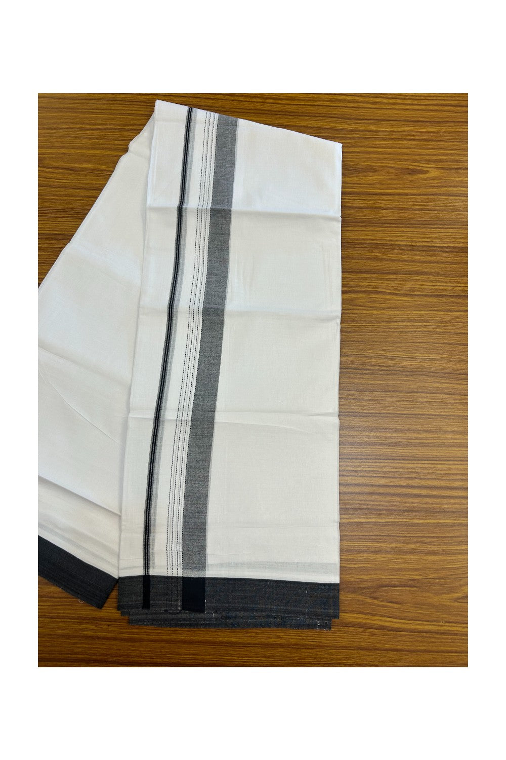 20% Discount ! Kaitharikada Balaramapuram 100% Cotton PURE WHITE Double Mundu/Dothi - 100x80 - 1.5 inch Black Shaded Striped Kara - 20KK5183VIN