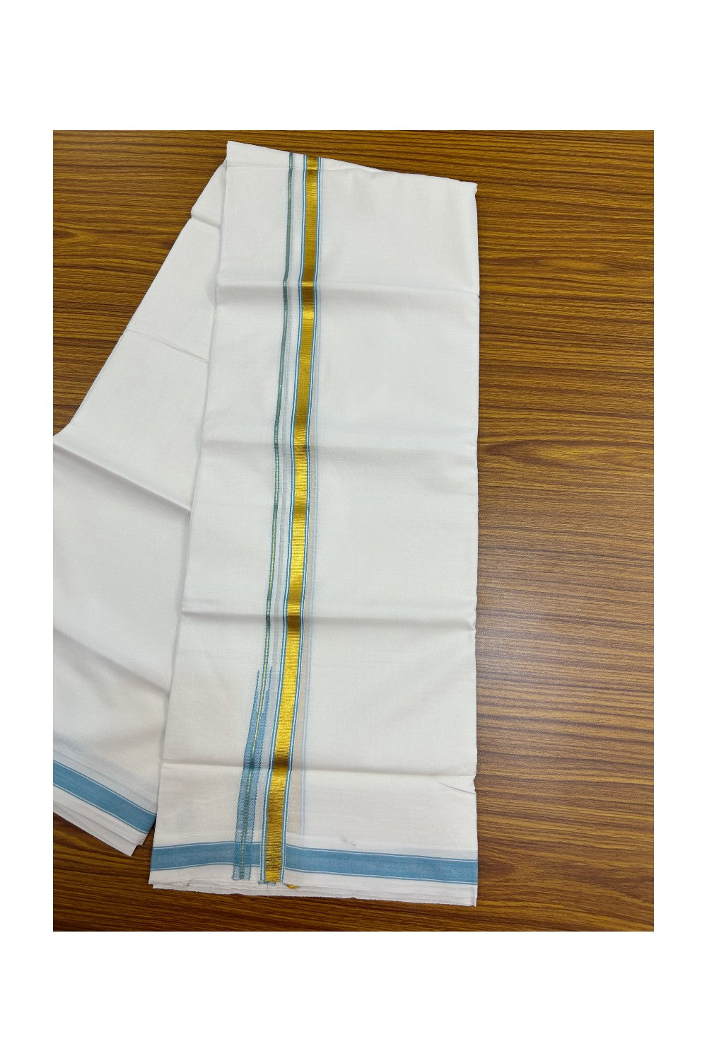 20% DISCOUNT!! KaithariKada Balaramapuram 100% Cotton PURE WHITE Double Mundu/Dhoti-100x80 - 0.5 inch Cyan Blue Kasav Chutty Kara - 20KK5191CKS