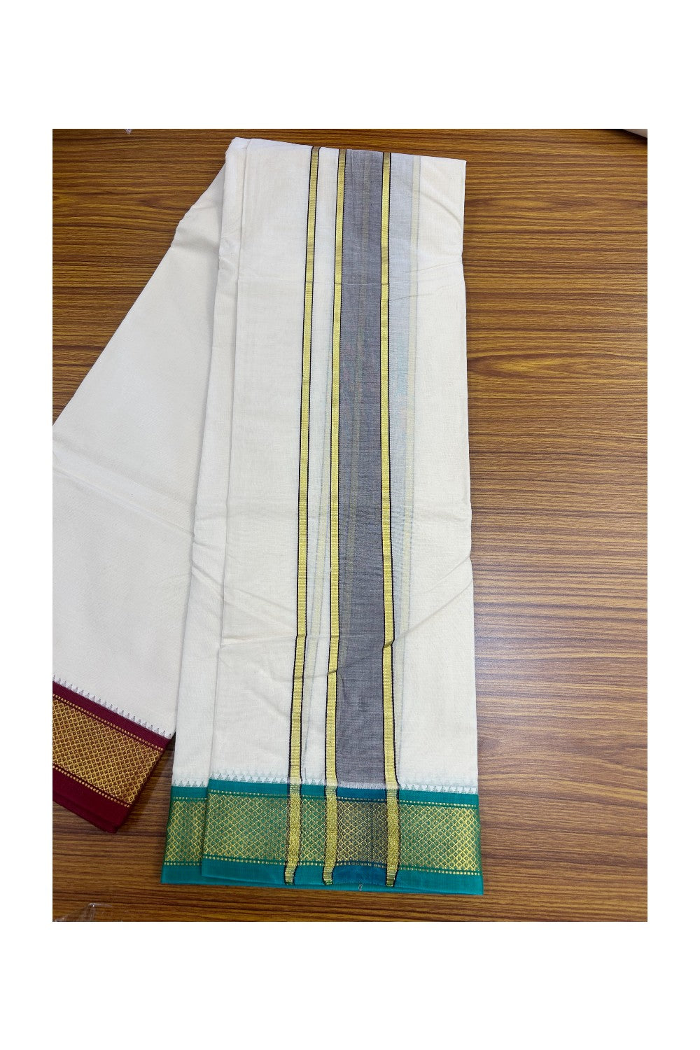 20% DISCOUNT! KaithariKada 100% Cotton Off White - (Unbleached) 100x100 thread - NORTH INDIAN- ATTACHED GAMCHA 9X5 Dhoti 2 inch Dark Brown kara with Maroon & Jade Green Kasavu border - 20KK5196PMC