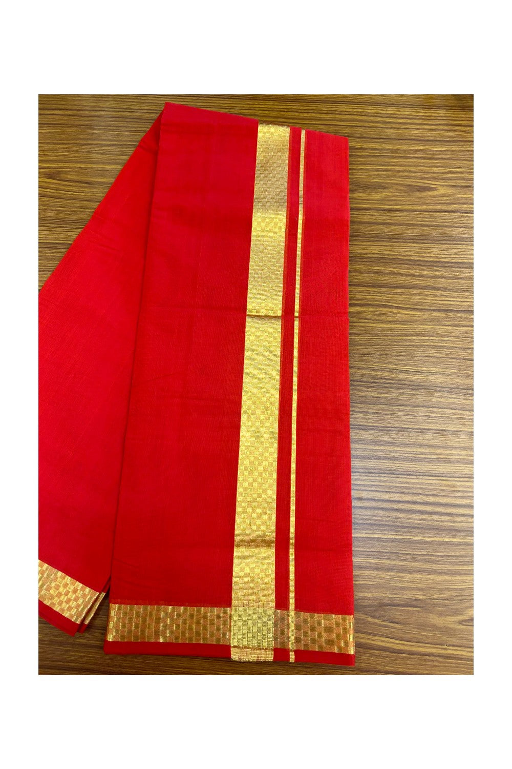 25% Discount! KaithariKada Handloom UNAKKUPAAV Balaramapuram - 100% Cotton Double Mundu/Dhoti - Chilli Red Colour Body - 1.5 inch Gold Kasavu Jacquard Design Kara - 20KK5208ABH