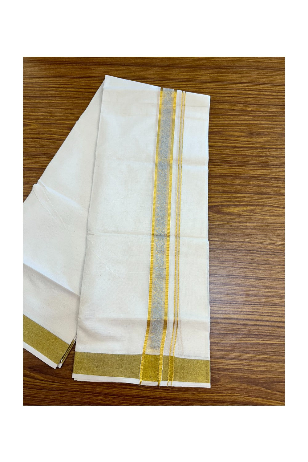 22% Discount!! KaithariKada Balaramapuram 100% Cotton DOUBLE OFF WHITE - (Ubleached) Mundu/Dhoti - 80x90 - 1.5 inch Gold Kasavu with Silver Leaf Printed Design Kara - 20KK5219 GAN