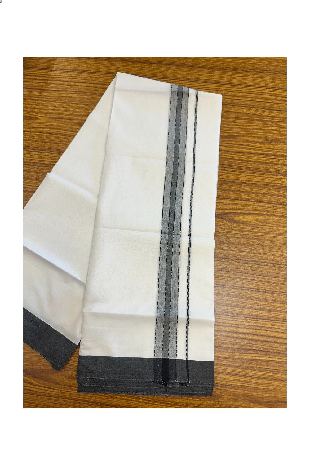 20% DISCOUNT! KaithariKada Balaramapuram 100% Cotton Double Pure white Mundu/Dhoti- 100x80 - 1.5 inch Black Shaded Striped Kara - 3.78mtr ( 8 muzham) - 20KK5227 PMC