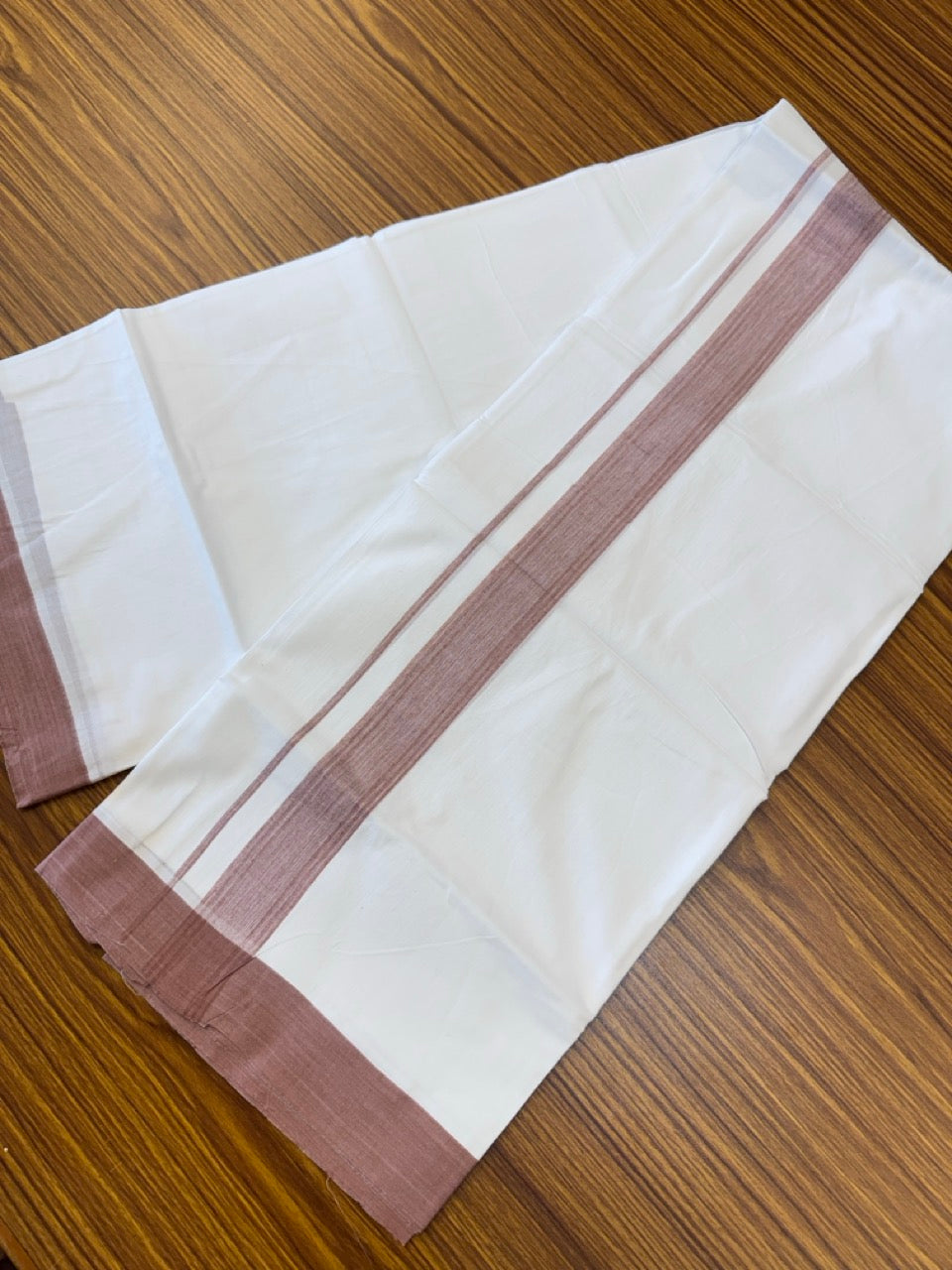 Short Dhoti Special - 28% Discount ! KaithariKada 100% Cotton Pure White Double Mundu / Dhoti - 100x80 - 45 inch Height 3.80 m Length  1.5 inch Peach Brown kara - 20 KK5258 THI