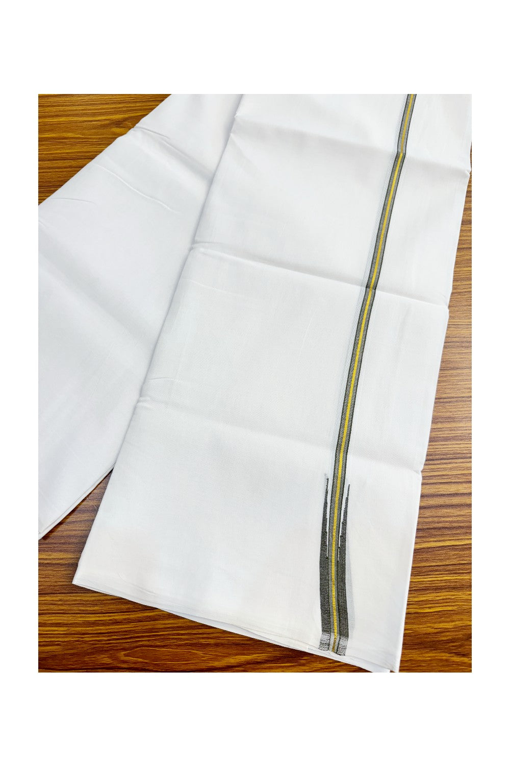 NEW!!29% DISCOUNT !! KaithariKada Balaramapuram 100% Cotton PURE WHITE Double Mundu/Dhoti-100x100 1.5 cm Puliyilakkara Chutty Kasavu & Sage Green Kara- 176