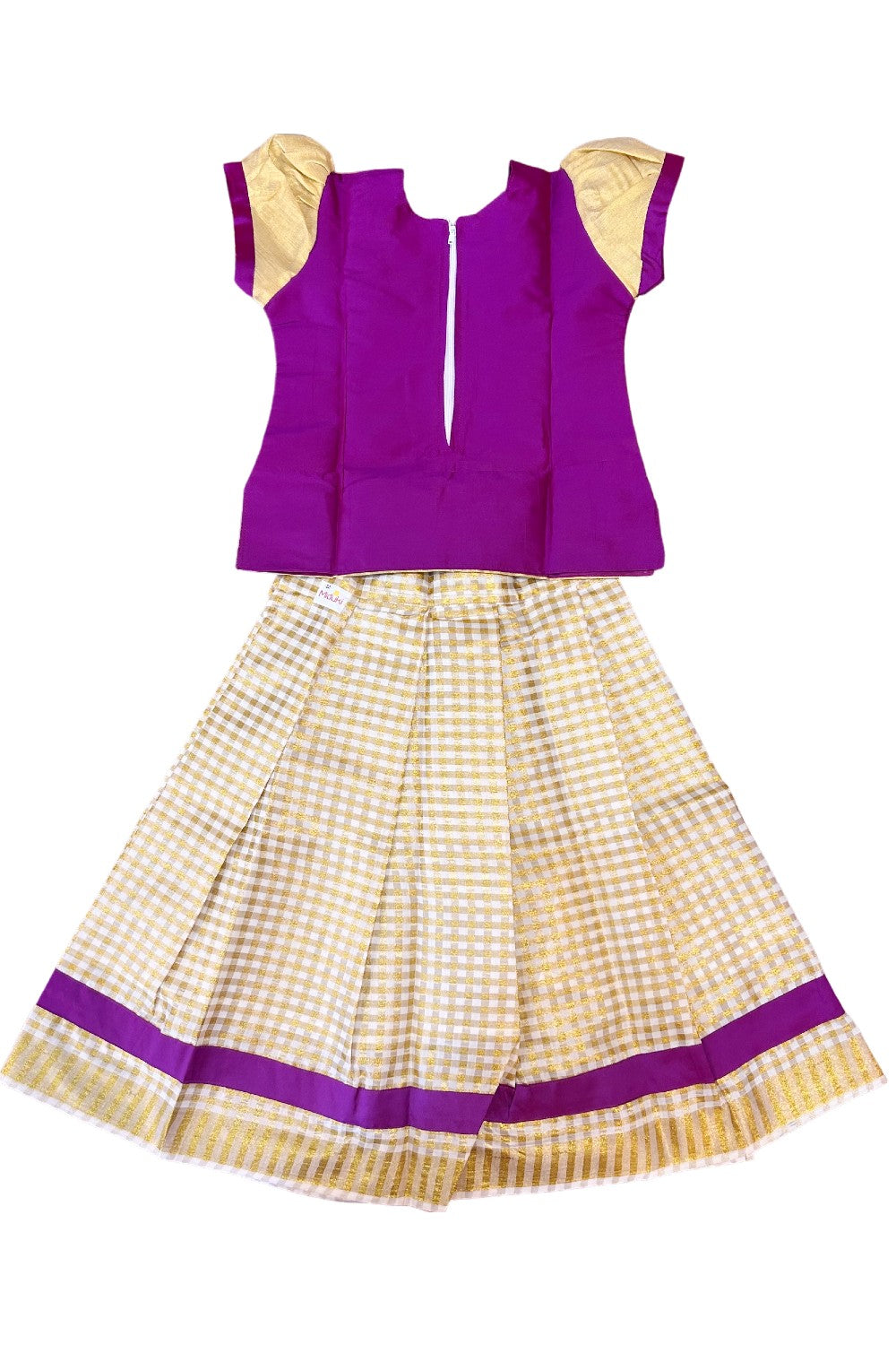 Midukki-Traditional South Indian Kids Pattu Pavada- Magenta top offwhite check skirt - Age 5 - KK5MID0020