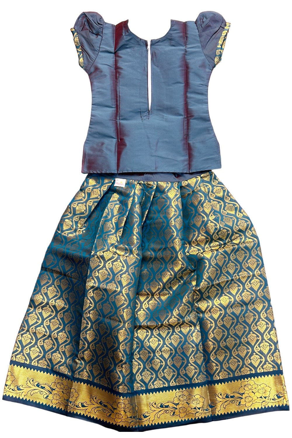 Midukki-Traditional South Indian Kids Pattu Pavada- Dark green top green brocade skirt - Age 8 - KK8MID0020