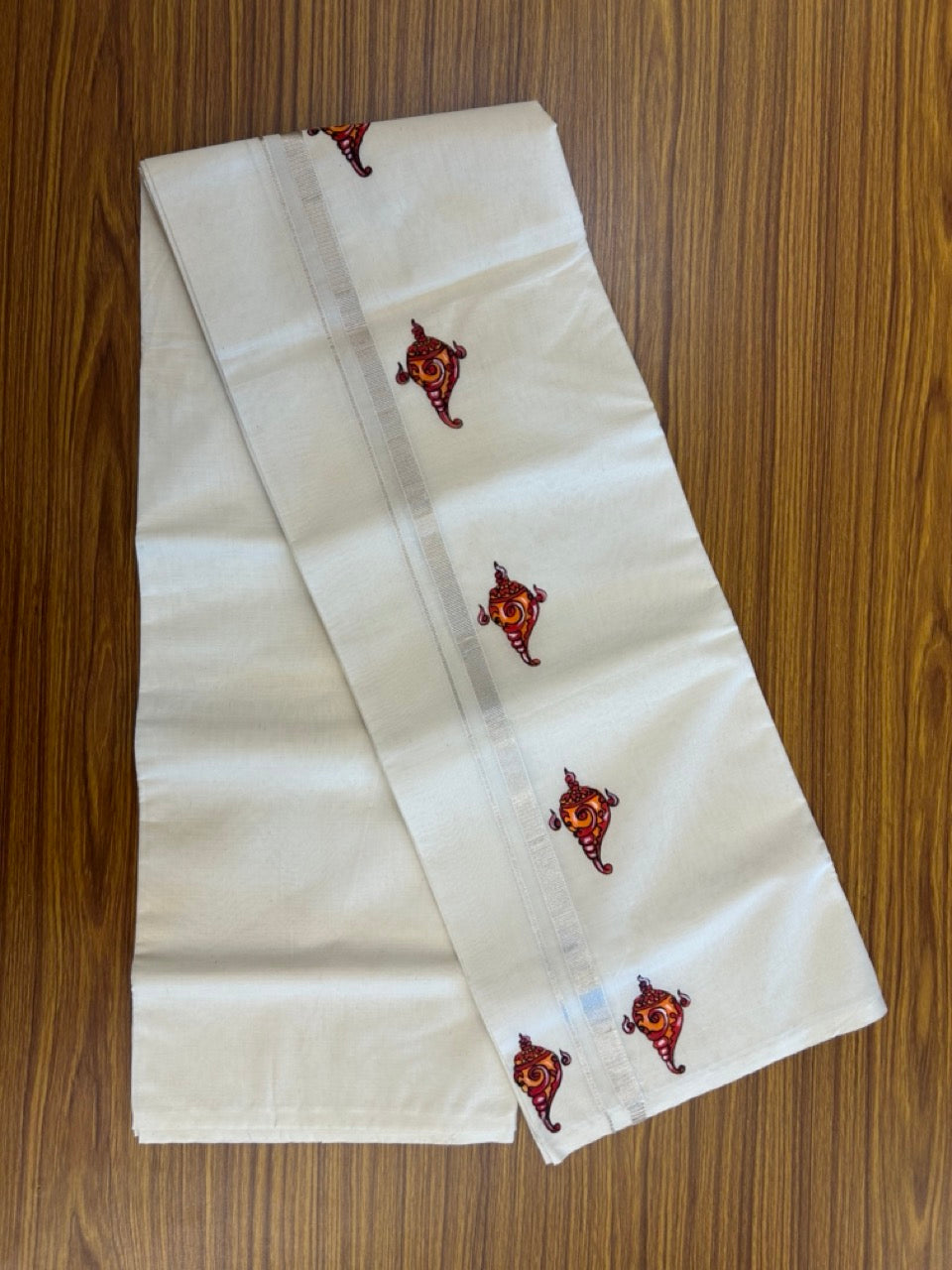 KaithariKada Balaramapuram 100% Cotton Double Off white - (Unbleached) Mundu/Dhoti-100x80 - 0.5 inch Hand Painted Silver Kasav Orange & Red Mural Design Kara 3.80 mtr (8 muzham) - 15 KK5244 ASH