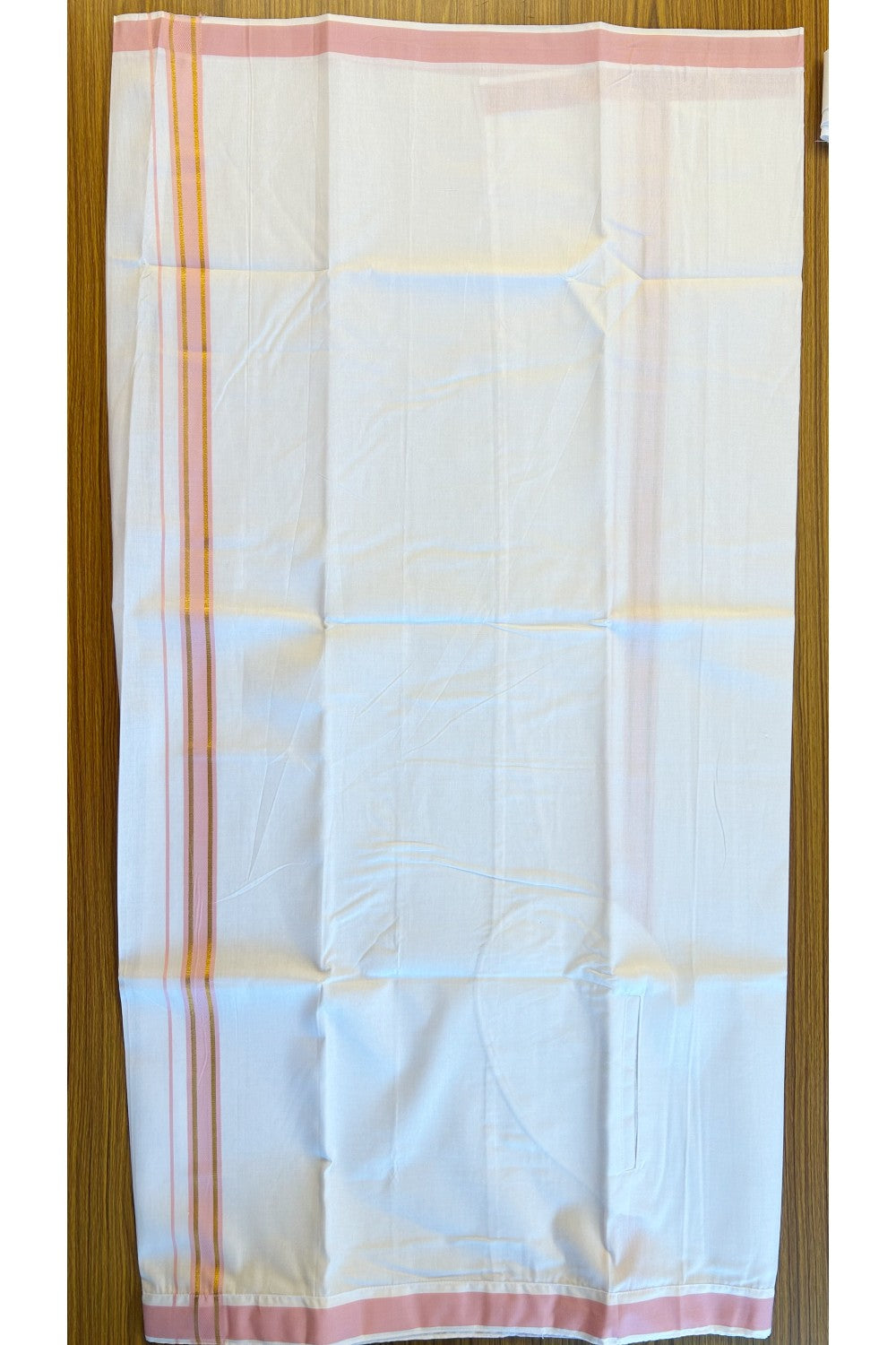 KaithariKada Balaramapuram  COTTON SINGLE PURE WHITE VELCRO Mundu/Dhoti - 1.75inch  Pink & Kasavu kara (2 metre / 4 muzham)- 20KK485SRI