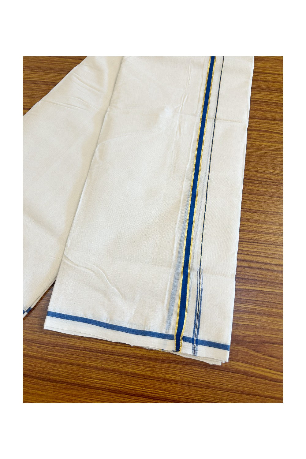 16% DISCOUNT!! KaithariKada HANDLOOM Millpaav Balaramapuram - 100% PURE Cotton OFF White - (Unbleached) Double Mundu/Dothi - 1.5cm Puliyilakkara side striped Gold kasavu  Blue chutty 3.80 mtr (8 Muzham) - 20KK498KK