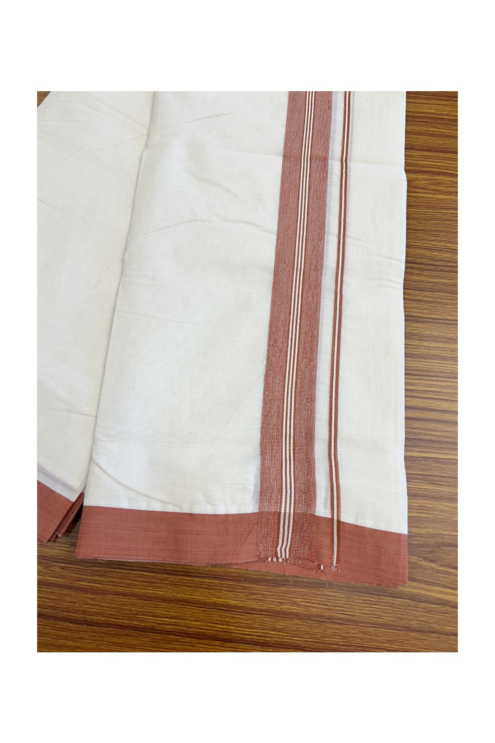 21% Discount  New!! KaithariKada Balaramapuram 100% Cotton Double Off white - (Unbleached) - Mundu/Dhoti - 100x100 - 2.25 inch Orange Brown Strips kara - 45