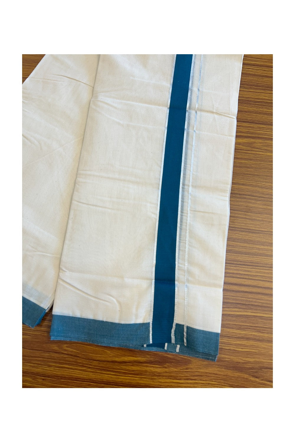 20% Discount KaithariKada Balaramapuram 100% Cotton Double Off white - (Unbleached) - Mundu/Dhoti - 100x80 -  1.75 inch Silver Kasavu & Peacock Green Kara 3.75 mtr (8 Muzham)- 116