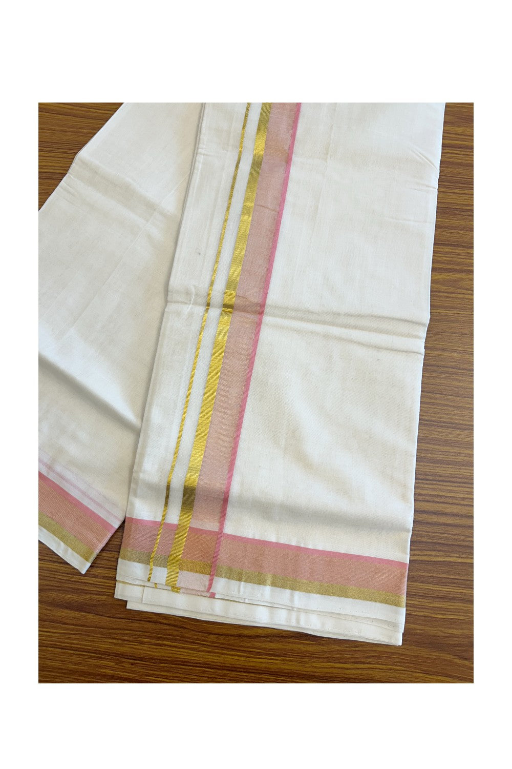 25% Discount!!! KaithariKada 100% Cotton HANDLOOM Off white (Unbleached) Double Dhoti/Mundu - 2 inch Pink& Kasavu Border - KK2DOT164