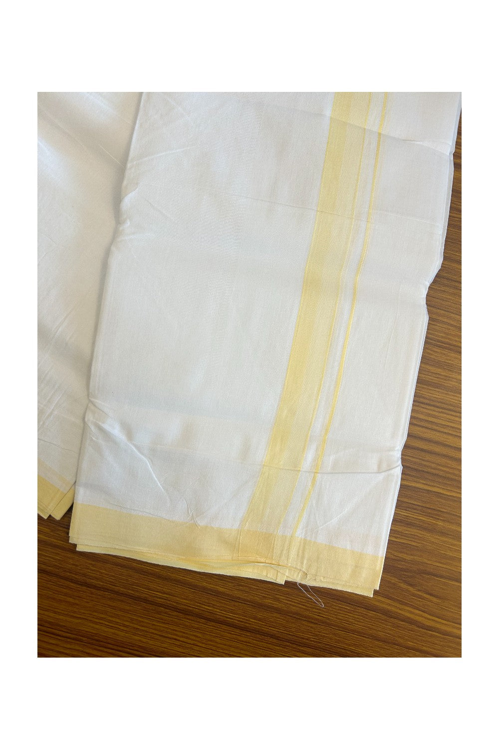 30% Discount!!! KaithariKada HANDLOOM UNAKKUPAAV Balaramapuram - 100% PURE Cotton PURE WHITE Double Mundu/Dhoti - 1.25 inch Light Yellow Shaded & Striped Kara - 20KK5129YAR
