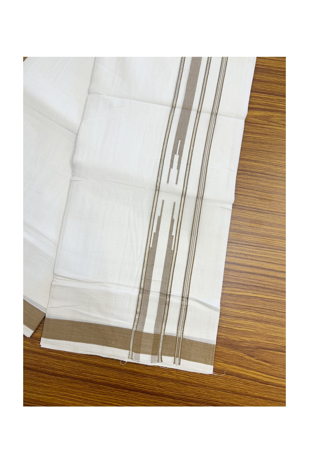 25% DISCOUNT! KaithariKada Balaramapuram 100% Mercerised Cotton Double ULTRA PURE white Mundu/Dhoti - 120x120 - 1.75 inch Heavy Chutty Silver Kasavu & Peanut Brown Shaded Kara -20KK5139THI