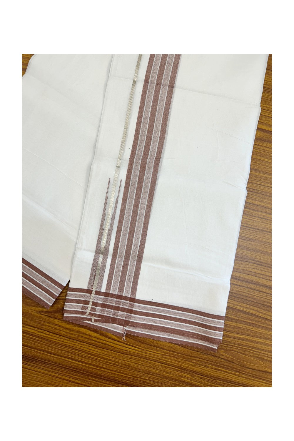 28% DISCOUNT!! Kaitharikada Balaramapuram 100% Cotton PURE WHITE Double Mundu/Dothi - 100X80 - 1.75 Inch Silver Peanut Brown Stripes Chutty Kara - 20KK5155THI
