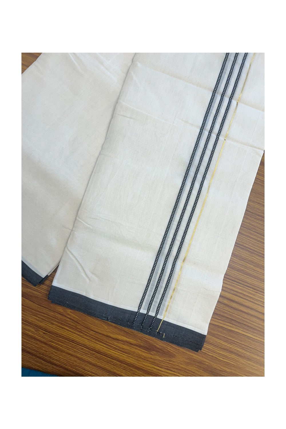 25% DISCOUNT!! KaithariKada HANDLOOM  UNAKKUPAAV Balaramapuram - 100% PURE Cotton OFF White - (Unbleached) Double Mundu/Dothi - 100x100 -  PURE KASAVU 3 cm Black stripes pattern kara 3.80 meter (8.5 Muzham) - 30KK5167REA
