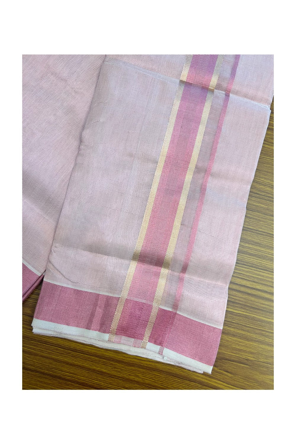 25% DISCOUNT! KaithariKada HANDLOOM MILLPAAV Balaramapuram - 100% PURE Cotton Off White (Unbleached) - Double Mundu/Dhoti - 2 inch Gold Kasavu striped kara & Pink Tissue Body - 20KK5170RAM