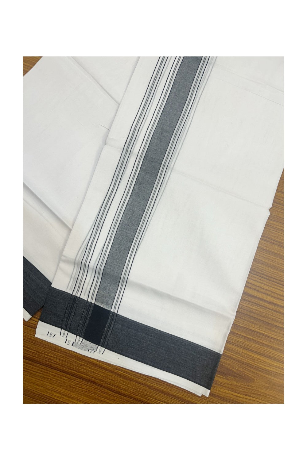 20% DISCOUNT!!! KaithariKada Balaramapuram 100% Cotton DOUBLE PURE WHITE Mundu/Dhoti - 100X80 - 1.75 Inch Black Shaded Stripes kara - 20KK5172PMC